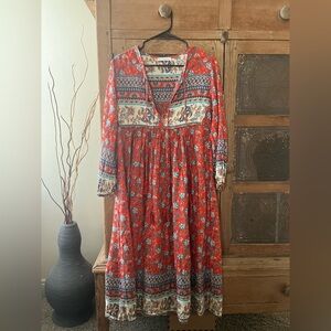 Bohemian Red Floral Maxi Dress with V-Neck